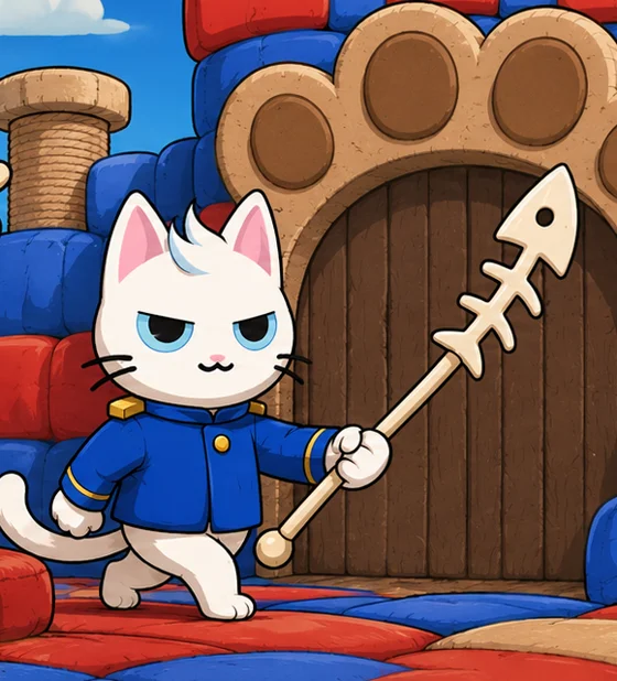 MEW the Royal Enforcer marching past the paw gate with a fish-bone pike